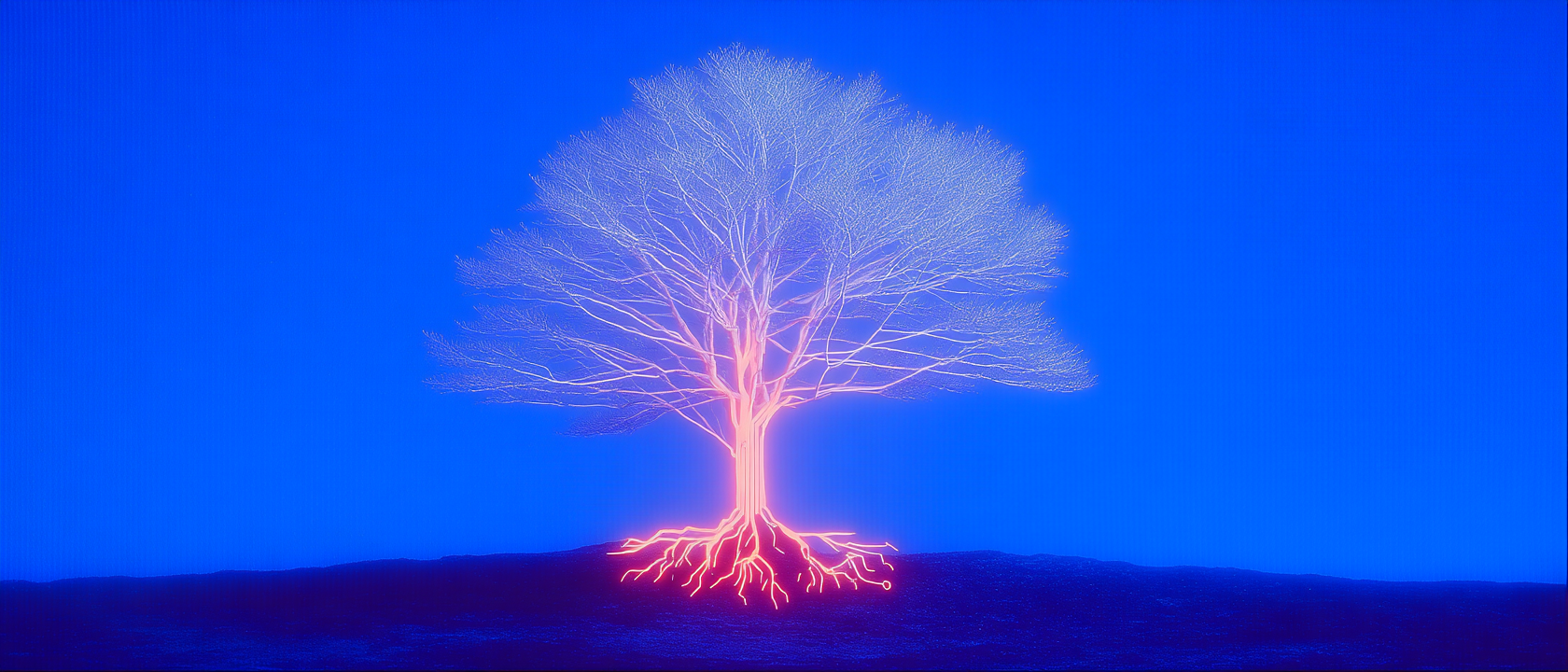 Tree with a blue canopy and incandescent roots — humanware as a living connected system.